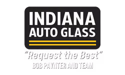Indiana Auto Glass logo with bold white text, yellow underline, and the slogan “Request the Best” – Bob Paynter and Team.